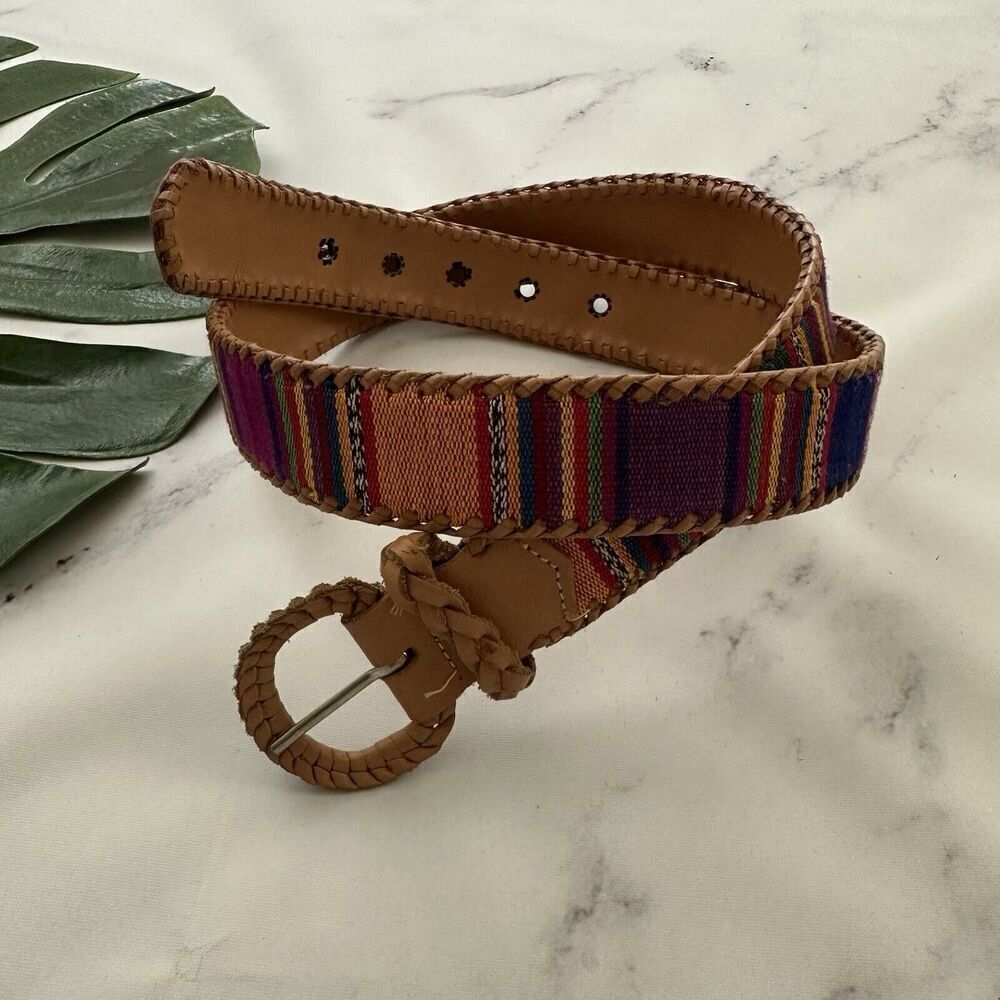 Omega Womens Vintage 90s Woven Belt Size L Colorful Stripe Leather Trim Boho